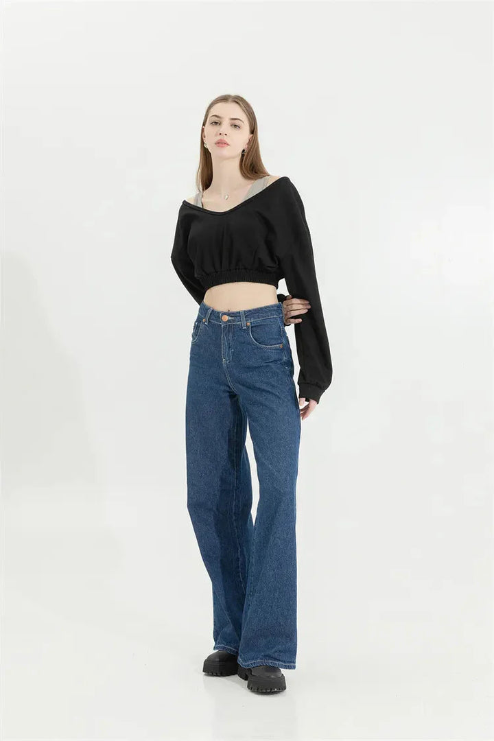 Strap Detailed Wide Neck Crop Sweatshirt - Vedlit