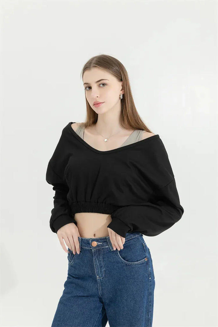 Strap Detailed Wide Neck Crop Sweatshirt - Vedlit