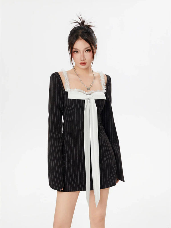 Striped Lace Strap Bow Mini Dress - Vedlit