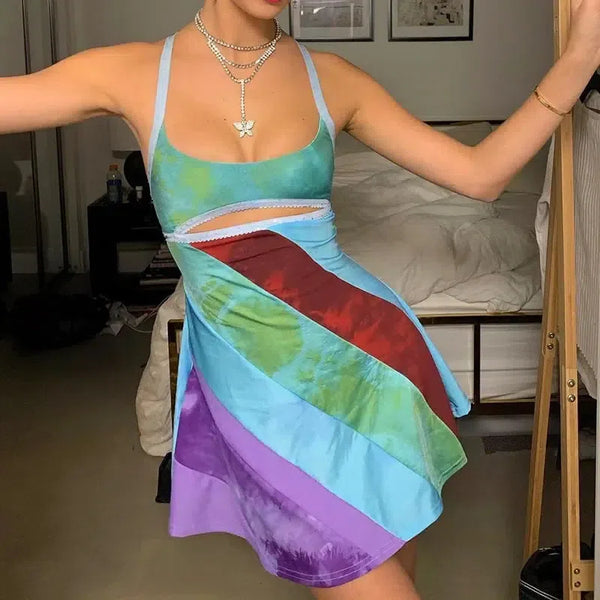 Striped Patch Satin Mini Dress - Vedlit