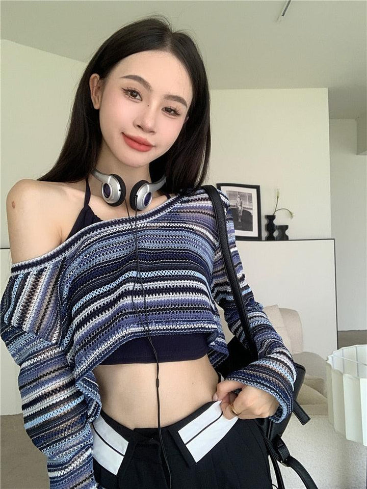 Striped Wide Neck Crop Sweater - Vedlit