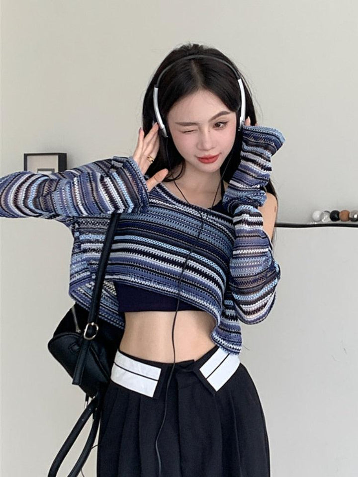 Striped Wide Neck Crop Sweater - Vedlit