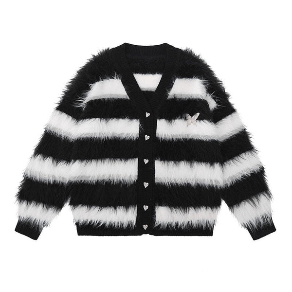 Striped Fuzzy Butterfly Cardigan - Vedlit