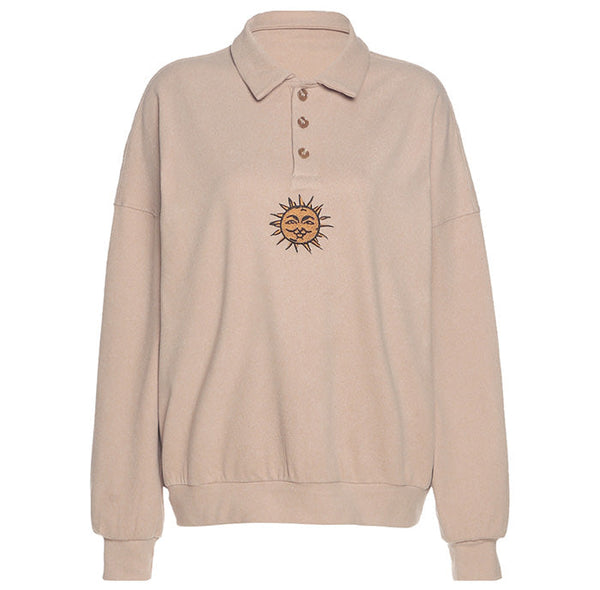 Sun Embroidery Button Up Sweatshirt - Vedlit