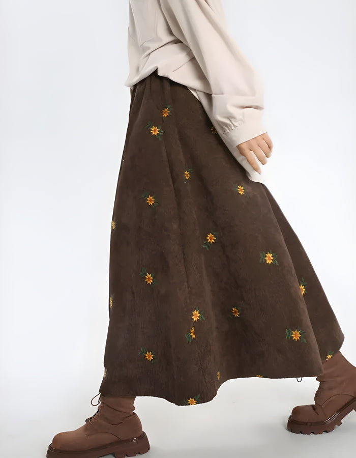 Sunflower Embroidered Corduroy Maxi Skirt - Vedlit