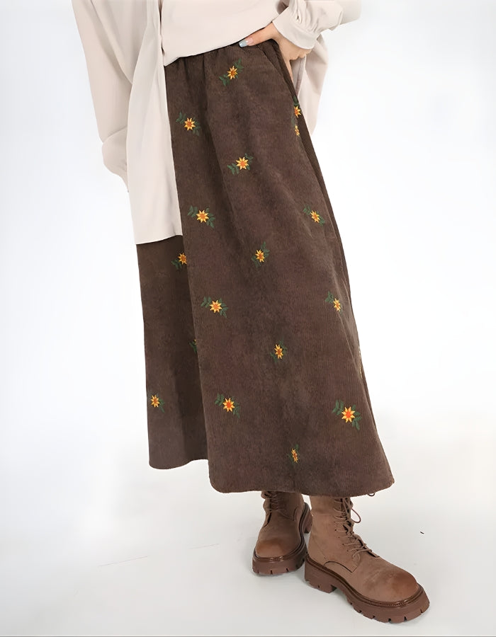 Sunflower Embroidered Corduroy Maxi Skirt - Vedlit