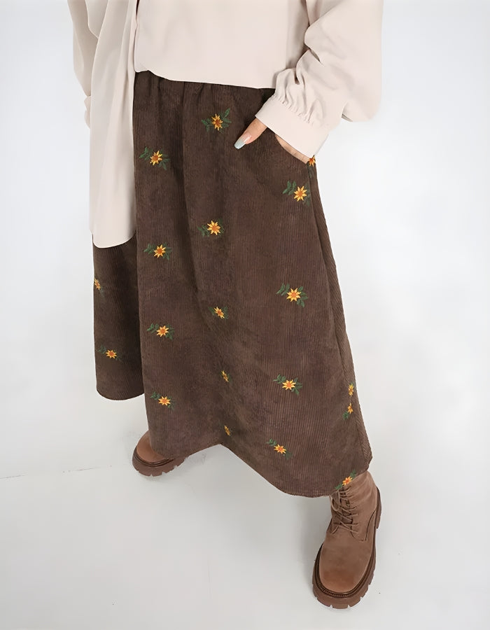 Sunflower Embroidered Corduroy Maxi Skirt - Vedlit