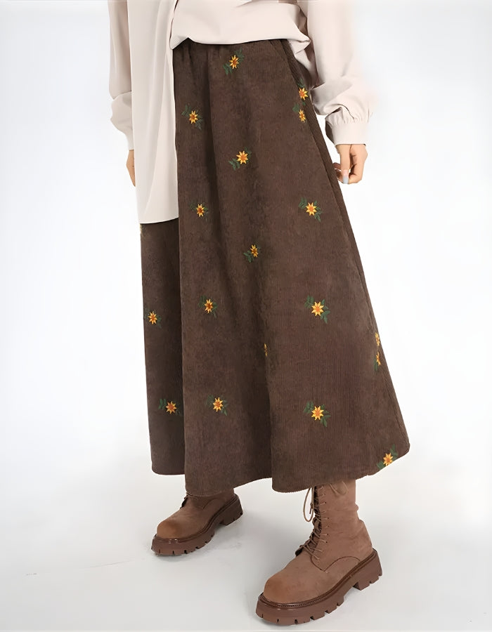 Sunflower Embroidered Corduroy Maxi Skirt - Vedlit