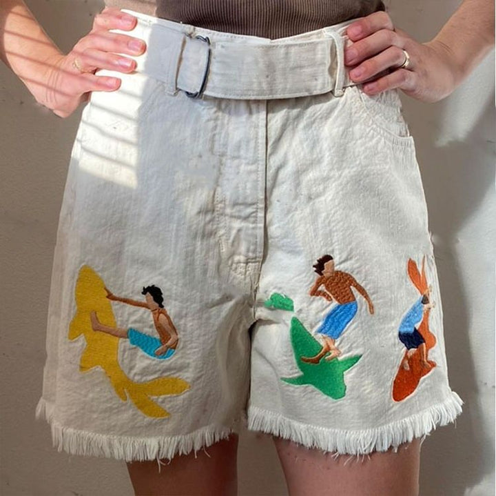 Surfing And Sharks Embroidery Shorts - Vedlit