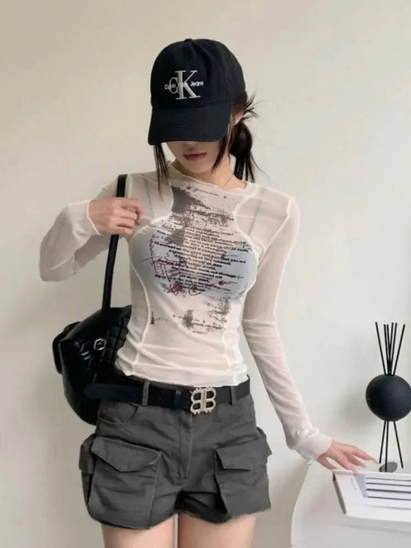 Text Print Sheer Mesh Top - Vedlit