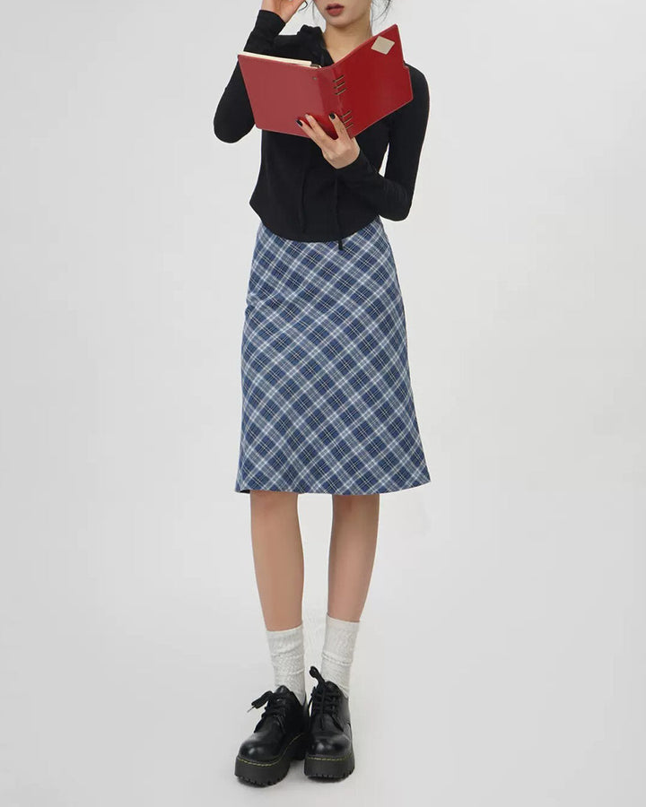 Worry Less Blue Plaid Midi Skirt - Vedlit