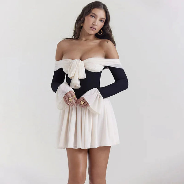 Tie Front Off Shoulder Corset Mini Dress - Vedlit