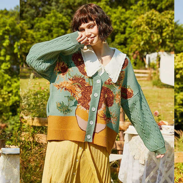 Van Gogh Sunflowers Knit Cardigan - Vedlit