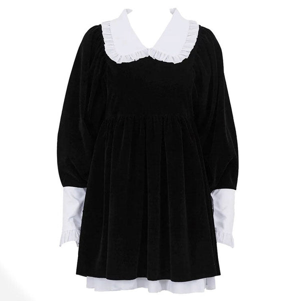 Velvet Collar Mini Black Dress - Vedlit