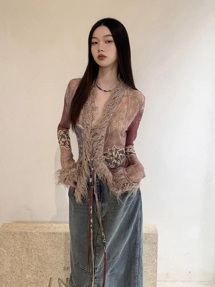 Vintage Faux Fur Detailed Lace Up Top - Vedlit