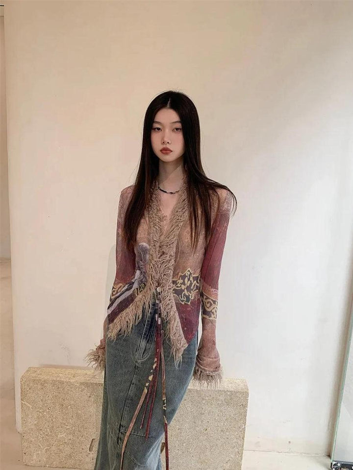 Vintage Faux Fur Detailed Lace Up Top - Vedlit