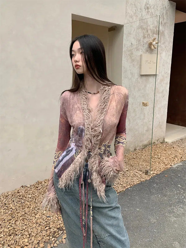 Vintage Faux Fur Detailed Lace Up Top - Vedlit