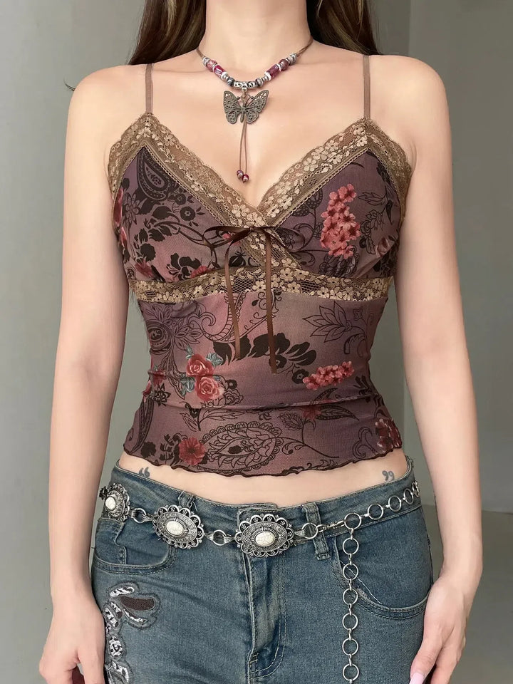 Vintage Floral Lace Trim Top - Vedlit