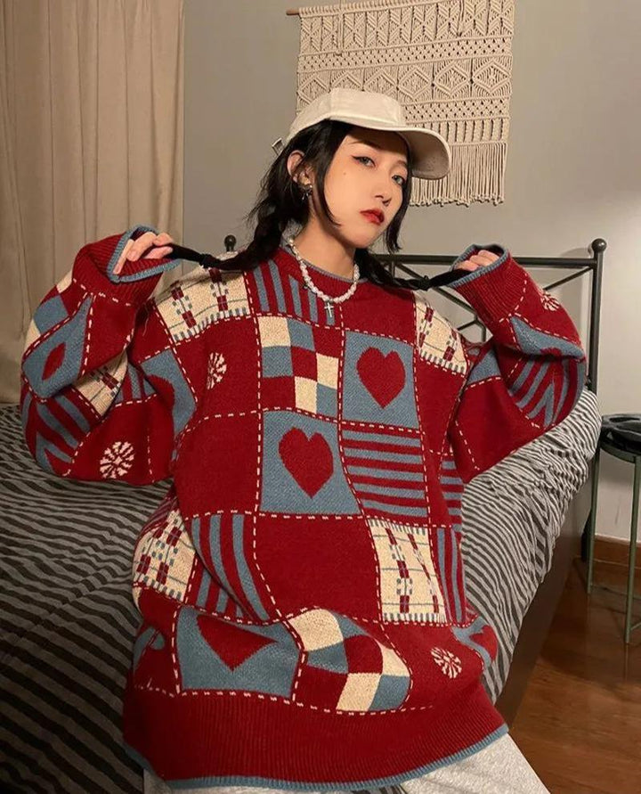 Vintage Heart Pattern Sweater - Vedlit