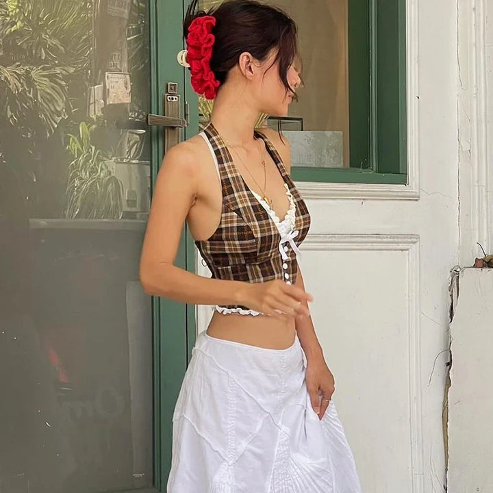 Vintage Plaid Halter Neck Top - Vedlit