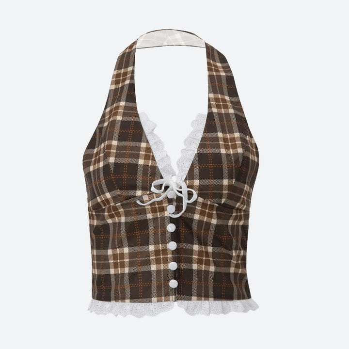 Vintage Plaid Halter Neck Top - Vedlit