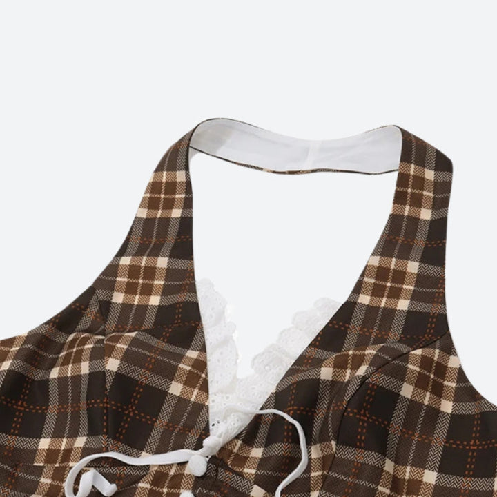 Vintage Plaid Halter Neck Top - Vedlit