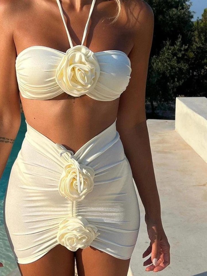 White Rose Three Piece Bikini Set - Vedlit