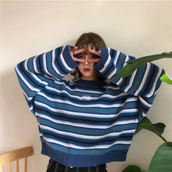 Wide Sleeved Striped Knitted Sweater - Vedlit