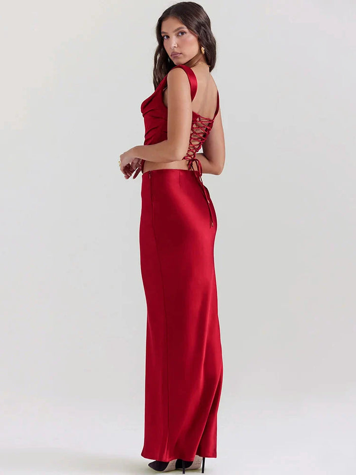 Wine Satin Corset Top & Maxi Skirt Two Piece Set - Vedlit