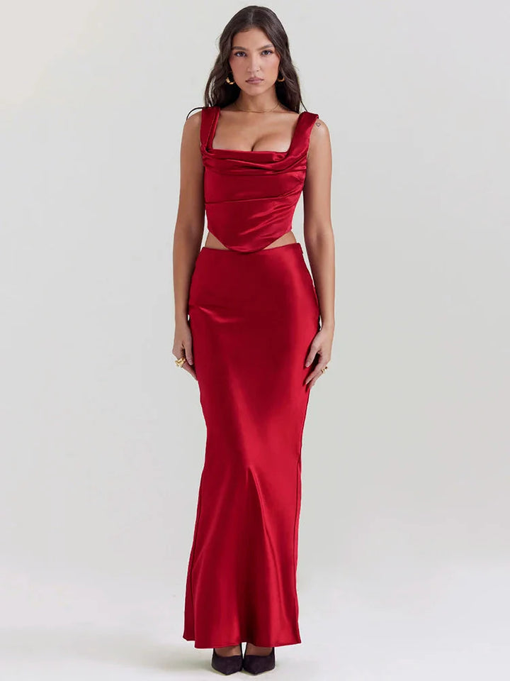 Wine Satin Corset Top & Maxi Skirt Two Piece Set - Vedlit