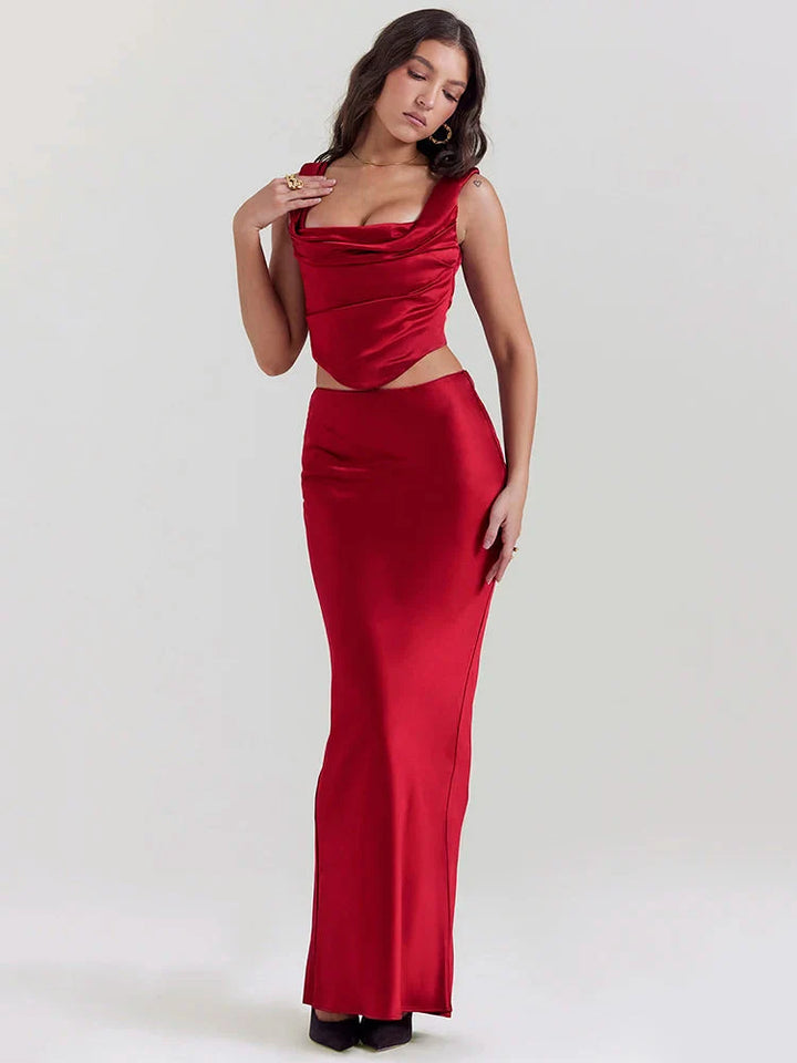 Wine Satin Corset Top & Maxi Skirt Two Piece Set - Vedlit