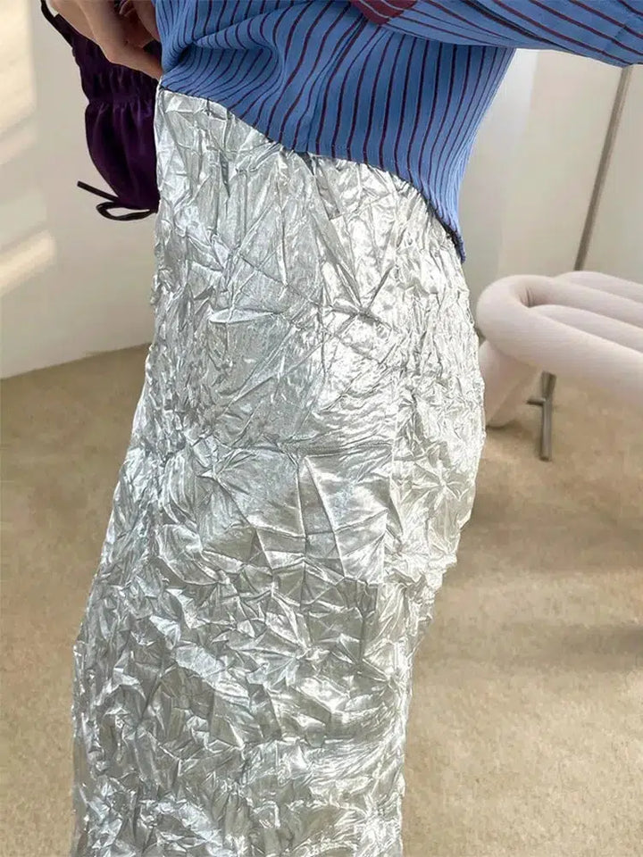 Wrinkled Silver Midi Skirt - Vedlit