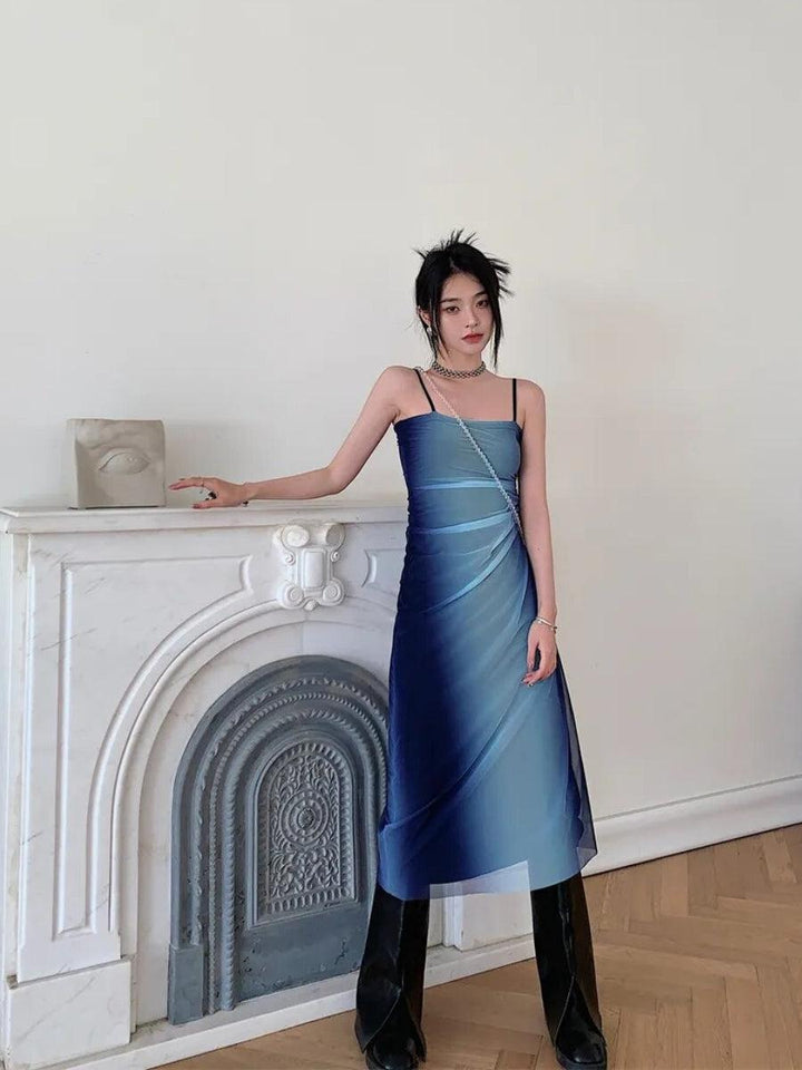 Y2K Blue Gradient Strappy Midi Dress - Vedlit