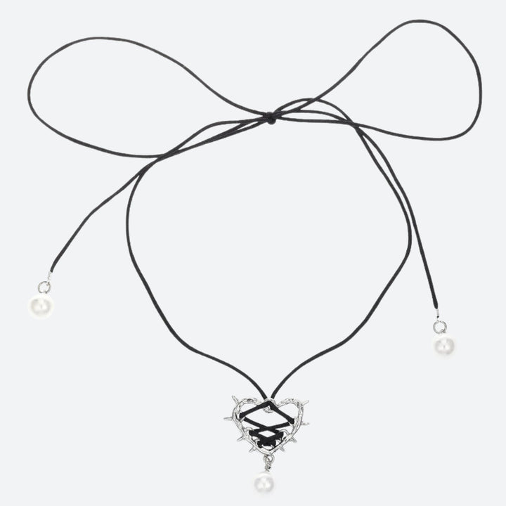 Y2K Coquette Barbed Heart Bow Tie Necklace - Vedlit