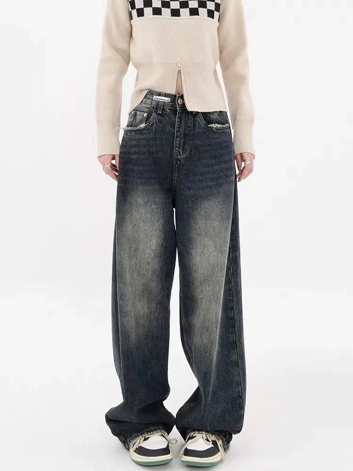 Y2K Distressed Pocket Wide Leg Jeans - Vedlit