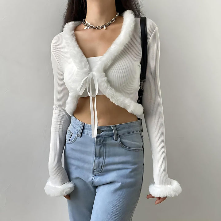 Y2K Faux Fur Corduroy Crop Cardigan - Vedlit