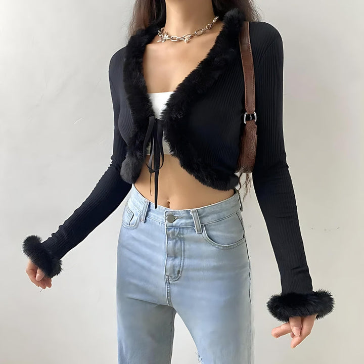 Y2K Faux Fur Corduroy Crop Cardigan - Vedlit