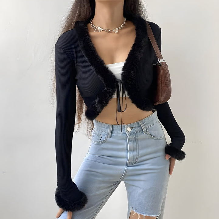 Y2K Faux Fur Corduroy Crop Cardigan - Vedlit