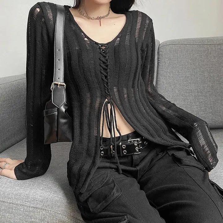 Y2K Grunge Sheer Lace Up Knitted Top - Vedlit