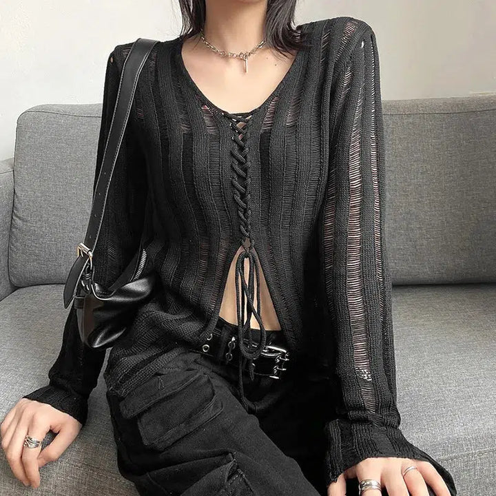 Y2K Grunge Sheer Lace Up Knitted Top - Vedlit