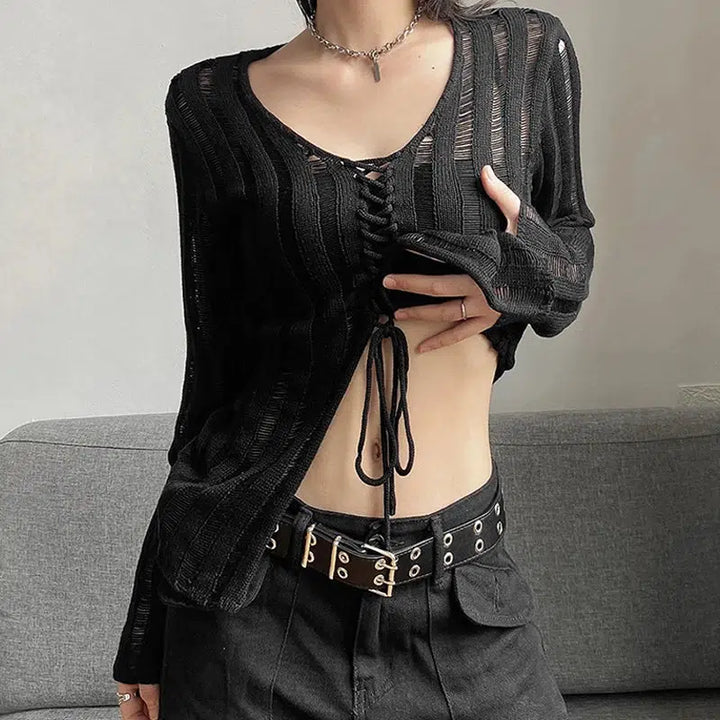 Y2K Grunge Sheer Lace Up Knitted Top - Vedlit