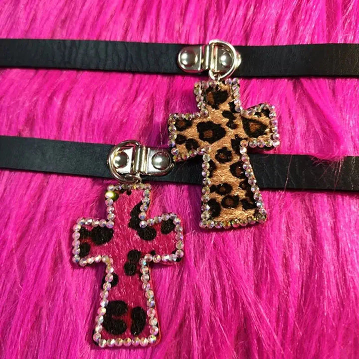 Y2K Leopard Cross Choker Necklace - Vedlit