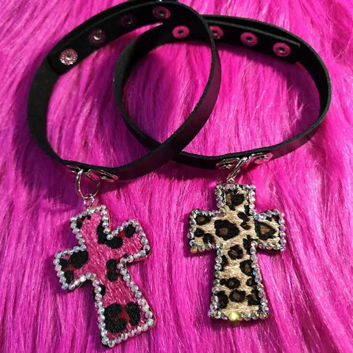 Y2K Leopard Cross Choker Necklace - Vedlit