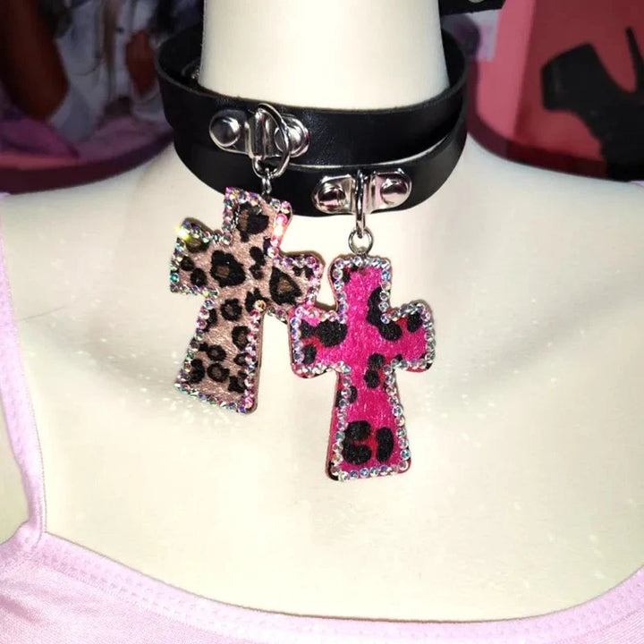 Y2K Leopard Cross Choker Necklace - Vedlit