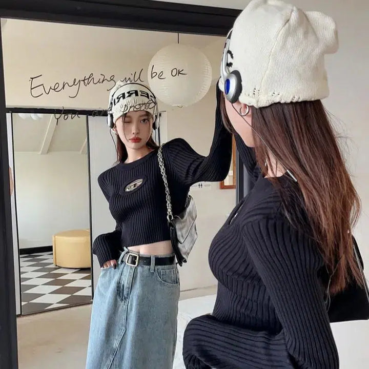 Y2K Ribbed Cropped Sweater - Vedlit