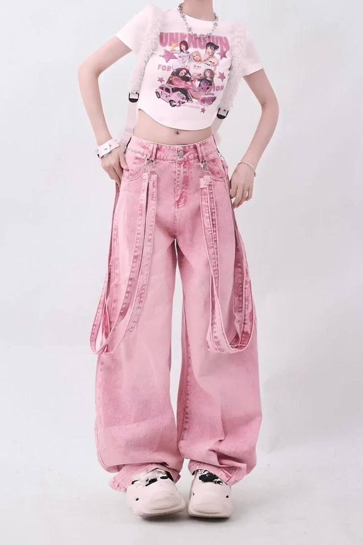 Y2K Soft Girl Double Belted Baggy Jeans - Vedlit