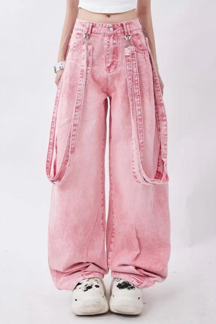 Y2K Soft Girl Double Belted Baggy Jeans - Vedlit