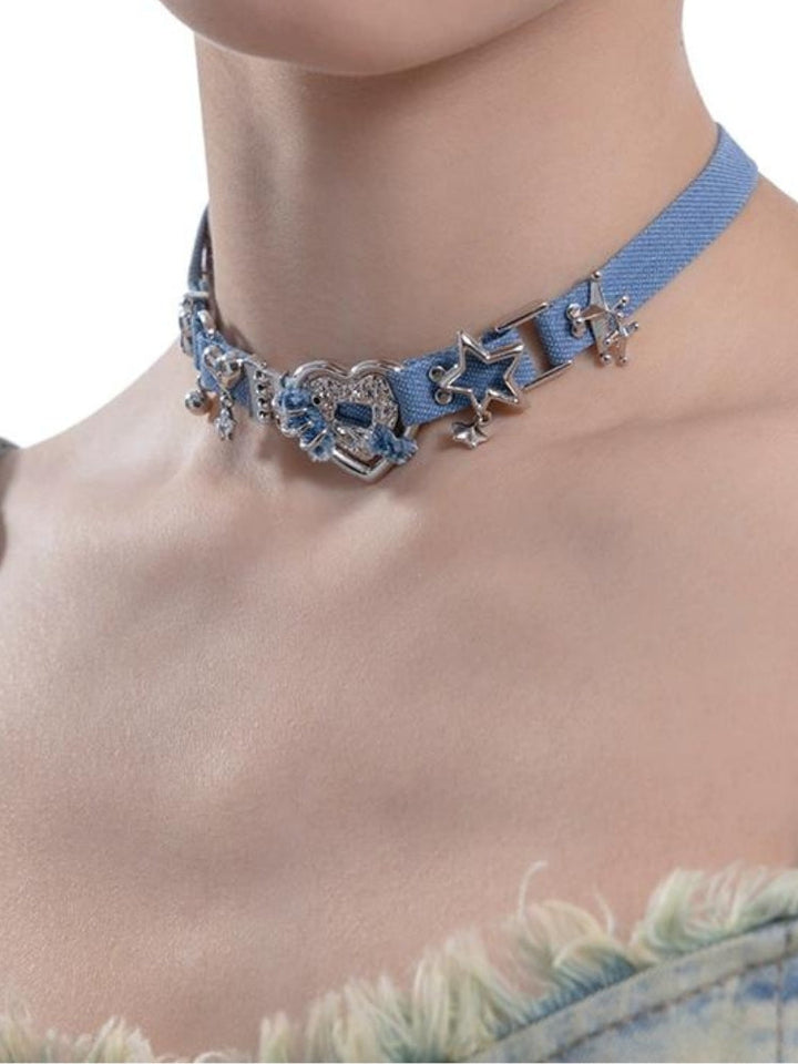 Y2K Sparkle Denim Choker Necklace - Vedlit