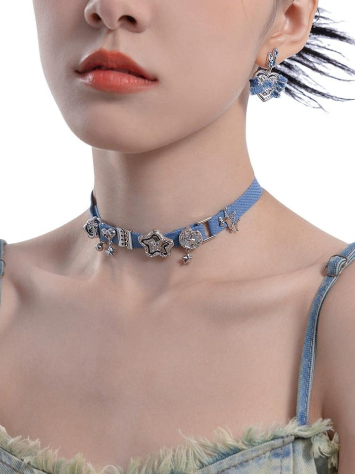 Y2K Sparkle Denim Choker Necklace - Vedlit