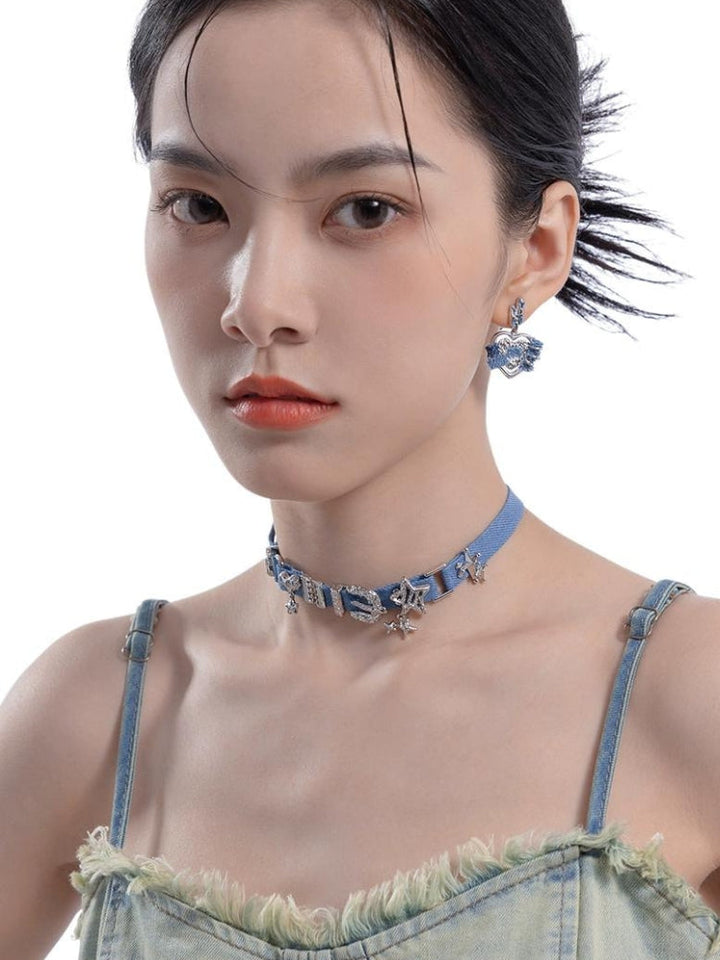 Y2K Sparkle Denim Choker Necklace - Vedlit